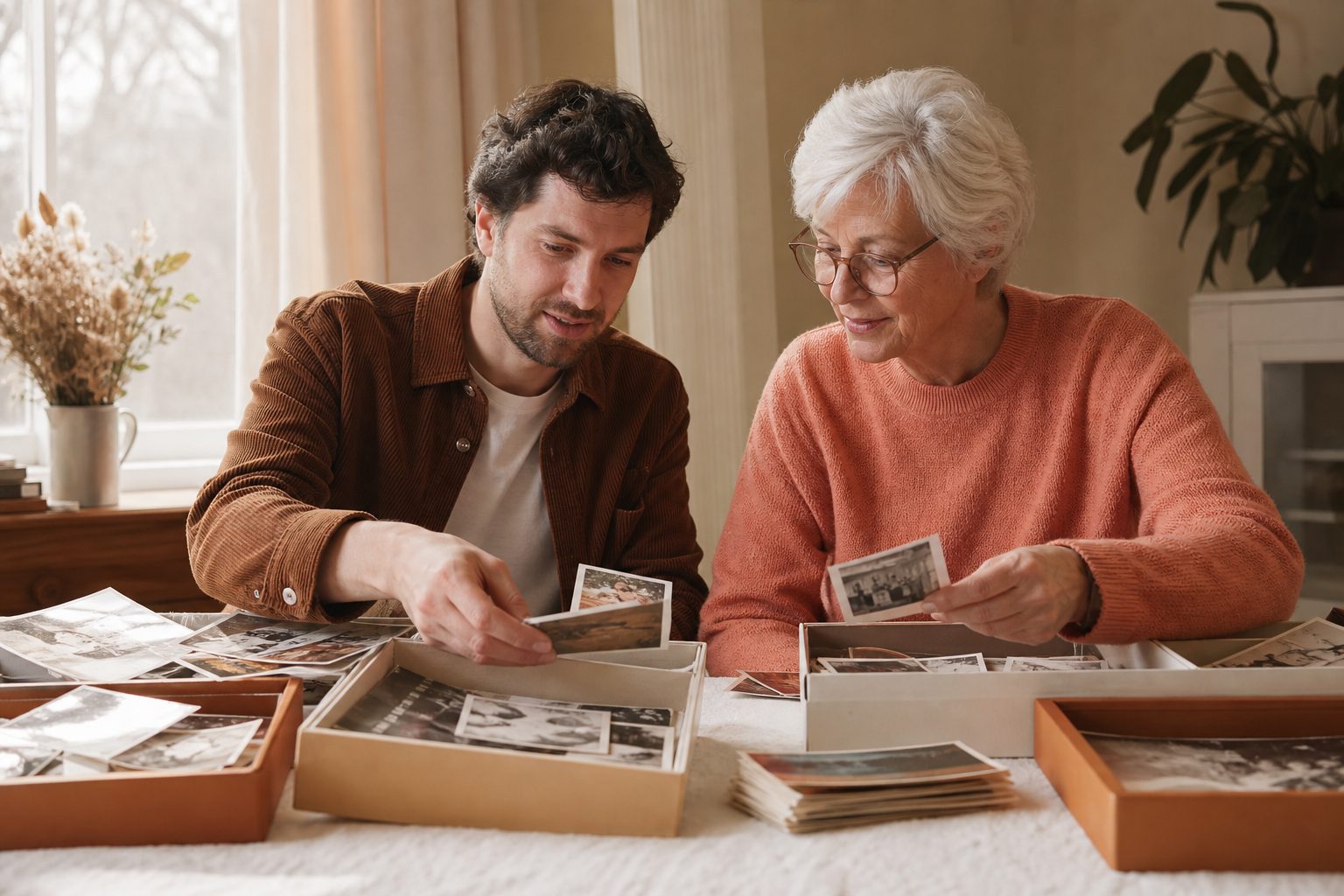 Two people sorting piles of loose photographs into labeled trays at a bright table