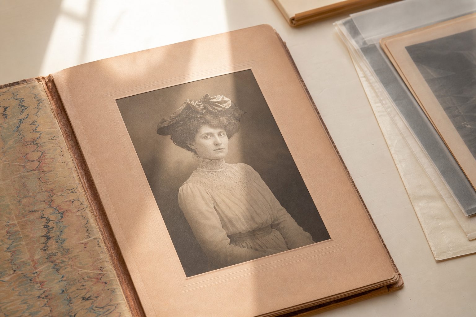 Vintage mounted studio portrait in a paper folder on a bright desk with archival sleeves