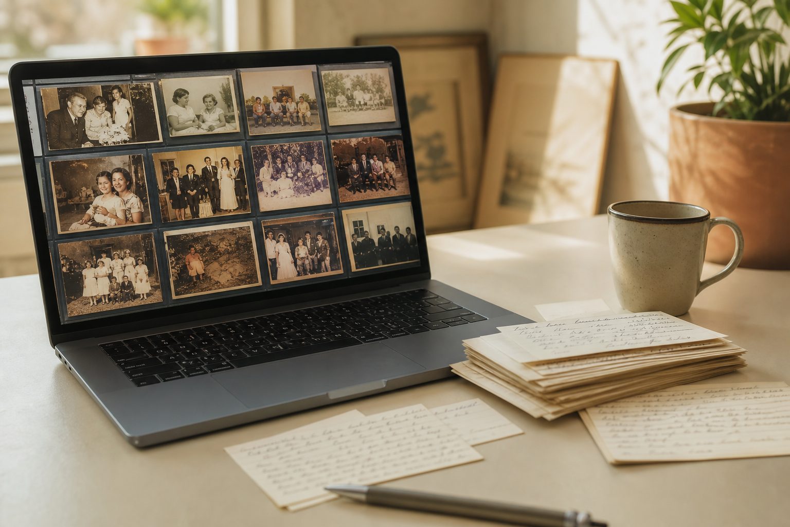 Laptop showing a grid of scanned photos next to handwritten index cards on a bright desk