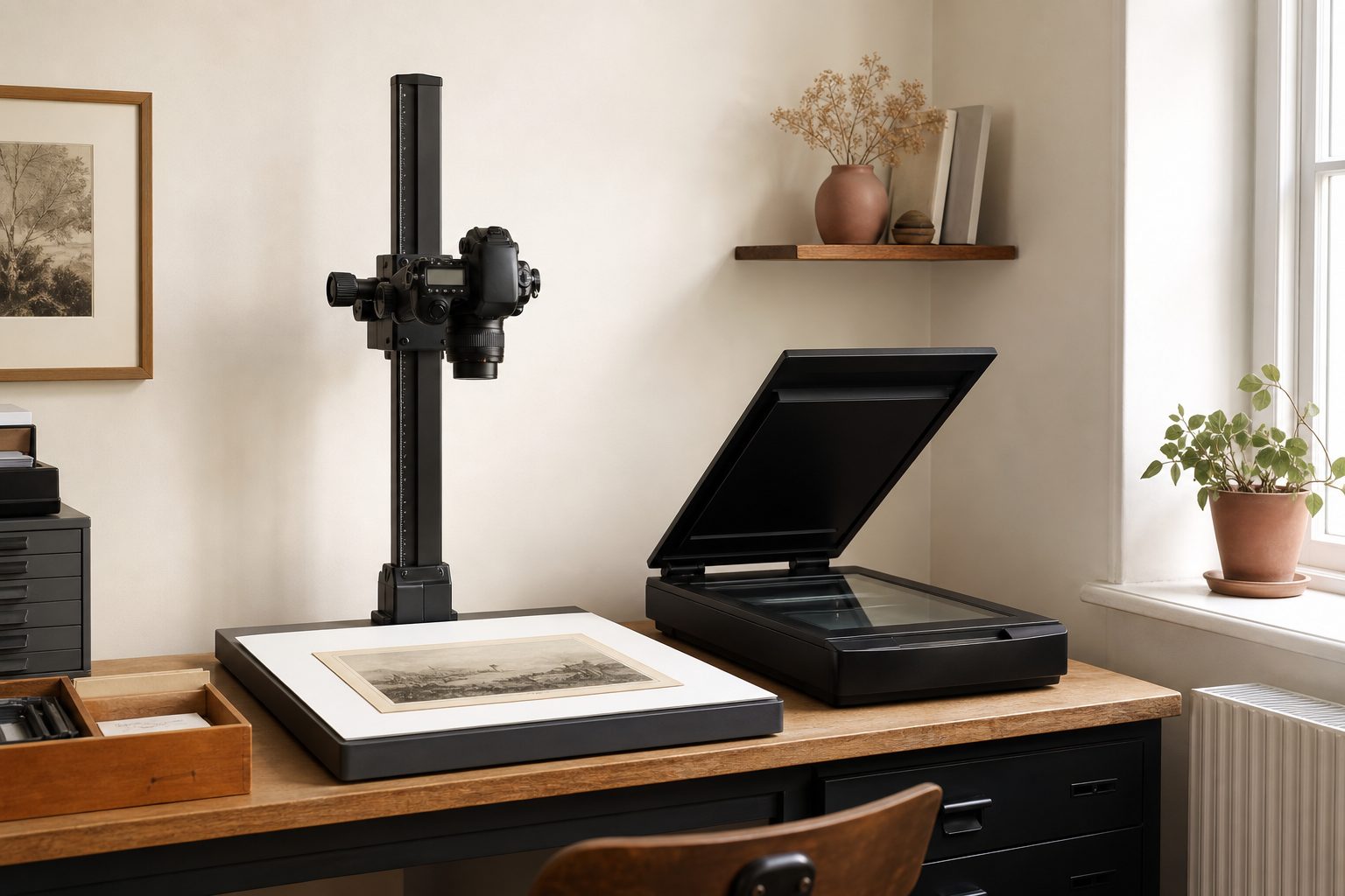 Studio corner with a camera copy stand and a flatbed scanner set up side by side in daylight