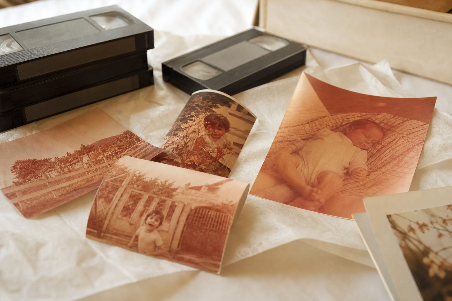 Curled faded color prints and VHS tapes laid out on white archival tissue in daylight