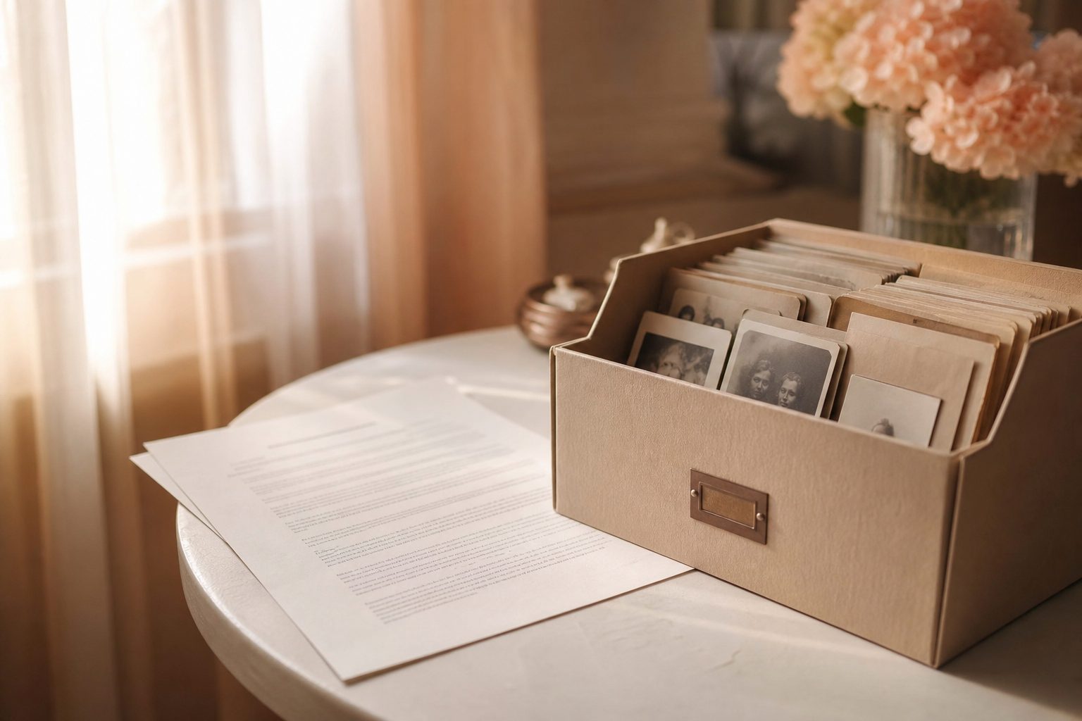 Printed agreement and pen on an ivory table beside a labeled archival photo storage box