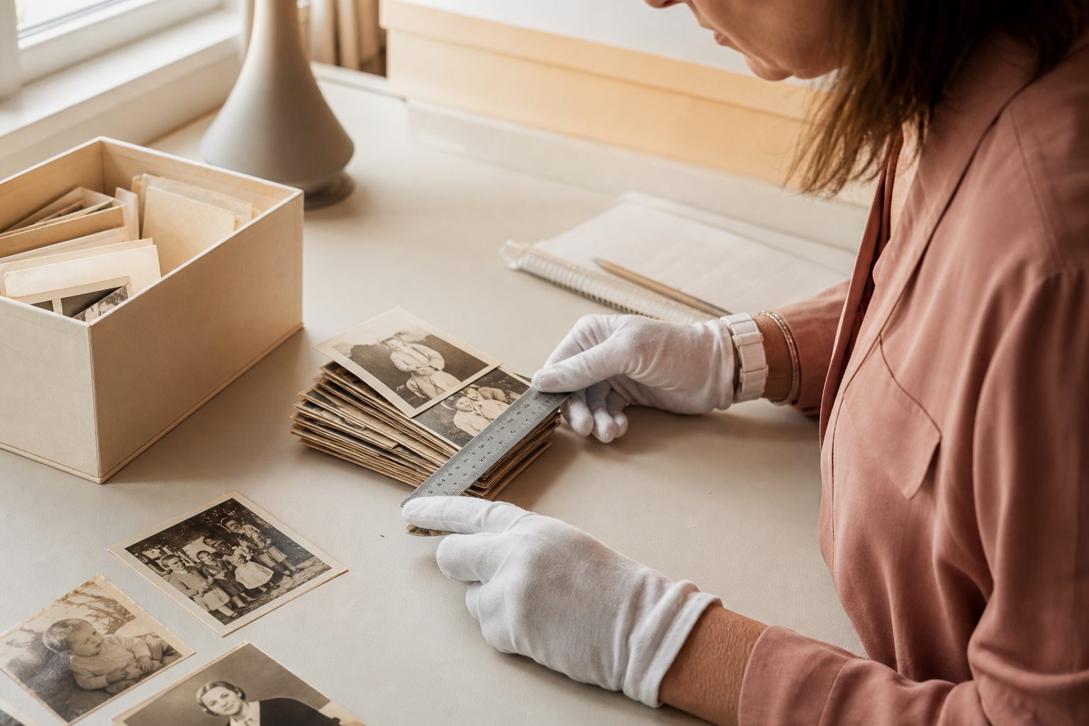 Organizer measuring a stack of loose prints with a ruler beside an archival box on a bright ivory worktable