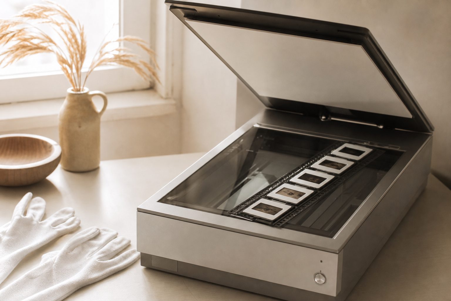 Open flatbed scanner with a 35mm slide holder on the glass beside cotton gloves on a bright desk