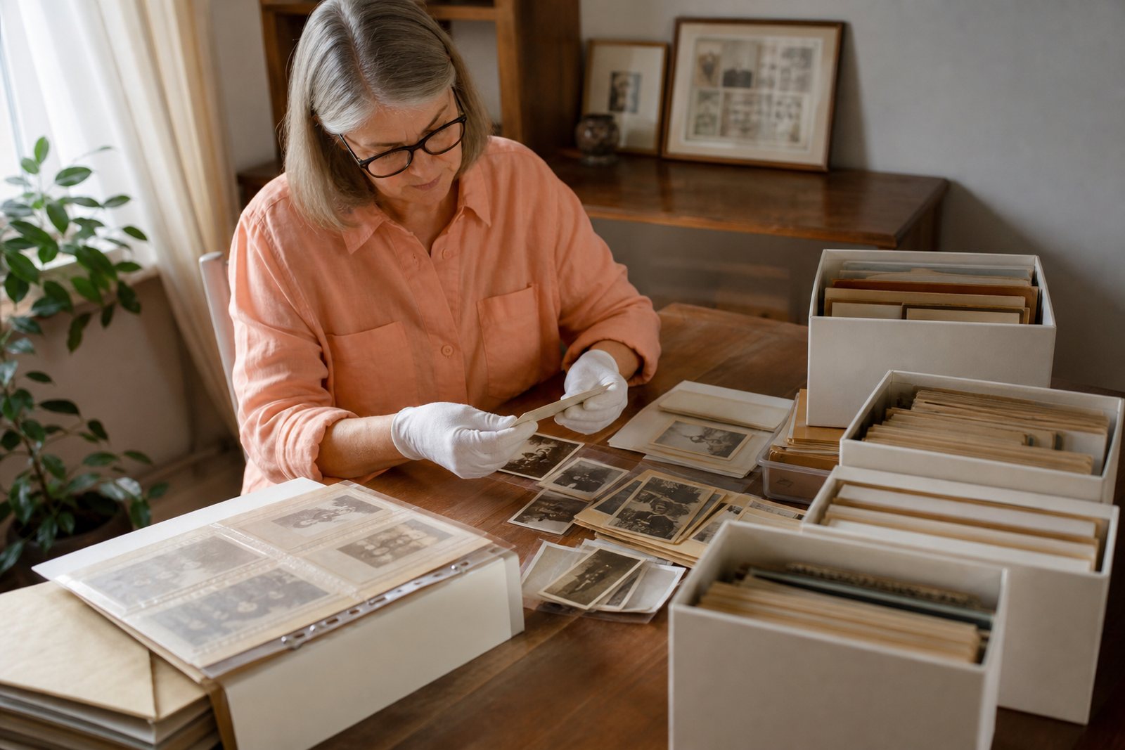 A professional photo organizer sorting loose family photographs into labeled archival boxes on a wide work table in warm window light