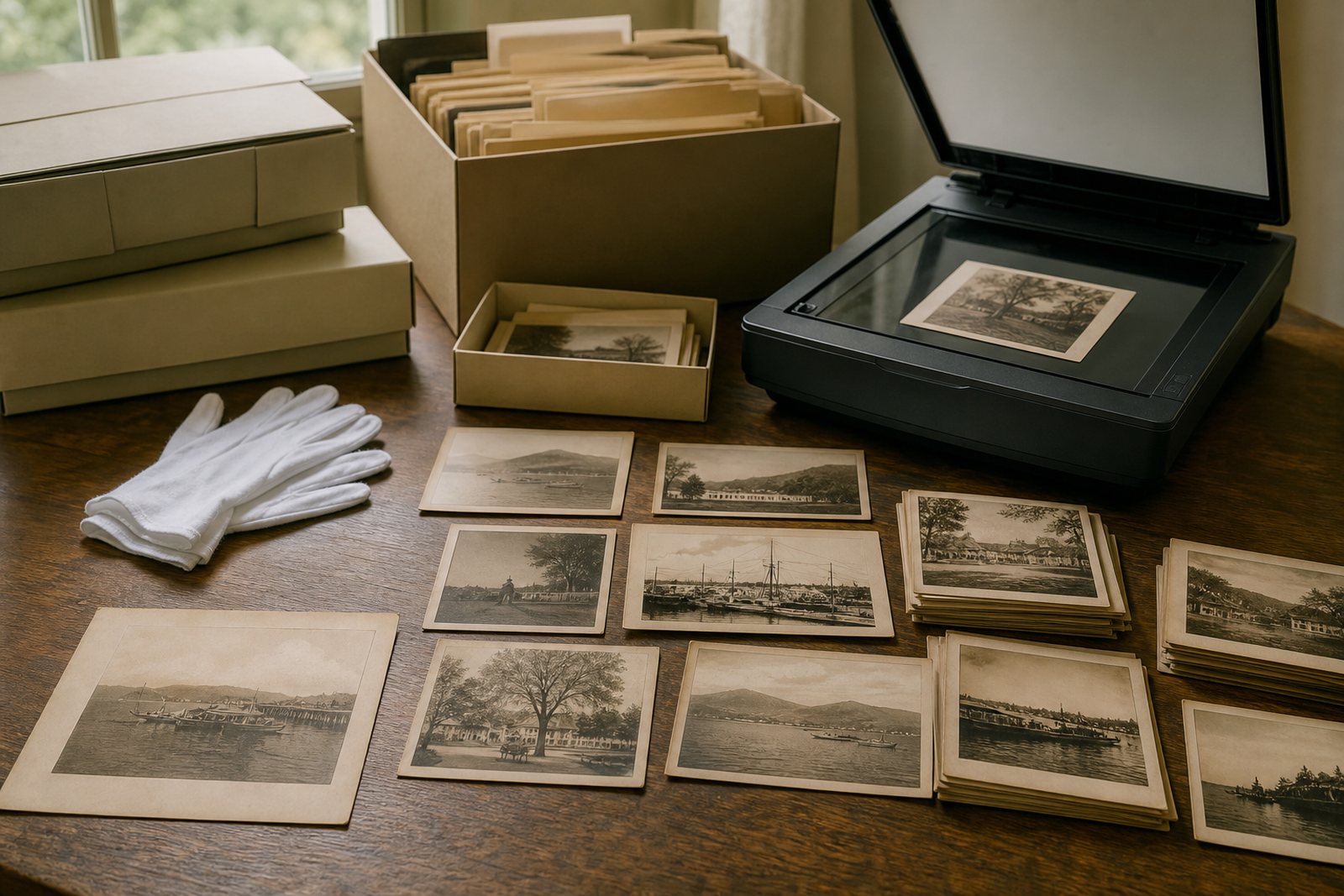 Archival boxes, cotton gloves, sorted vintage photographs and a flatbed scanner arranged on a table in warm daylight